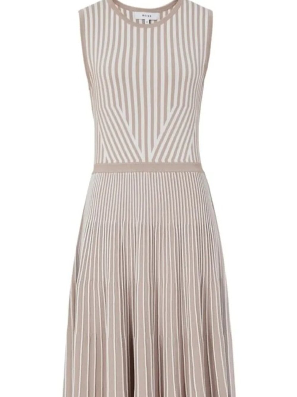 REISS | Tan Cream Stripe Knit Stretch Midi Flare Dress Large